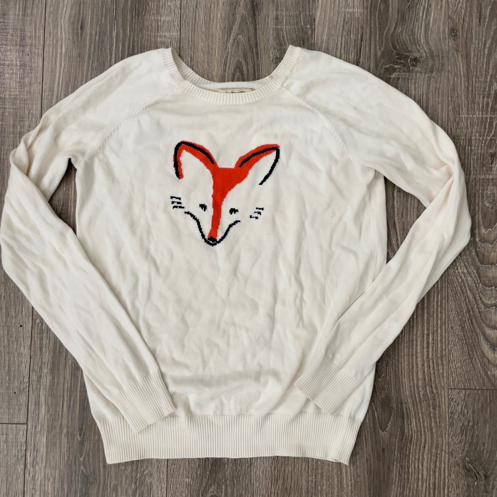 GH Bass & Co Womens XS Cream Cotton Fox Graphic Knit Sweater Long Sleeve